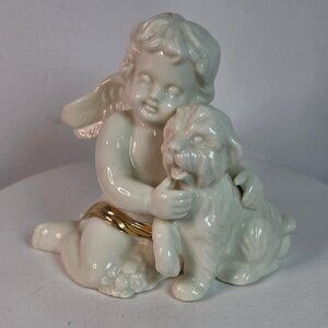 Cherub Angel Hugging Dog Figurine With Gold Accents